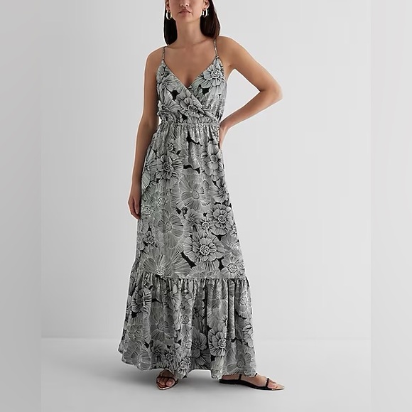 NWT Express Floral Satin Wrap Front Tiered Maxi Dress